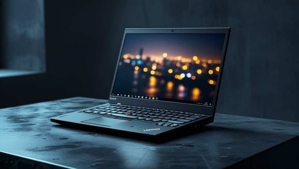 photographie cinématographique d'un lenovo thinkpad série t (t14) noir sur un bureau en béton ciré gris sombre. l'écran est allumé, affichan(2)